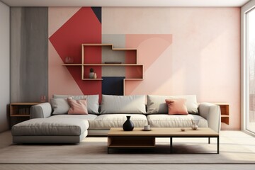 Chic Living Space Featuring Pink, Beige, and Gray Geometrical Wallpaper