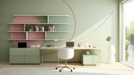 Olive, Pink, and Beige Geometry: A Contemporary Home Office Setting