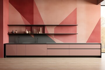 Modern Kitchen Space with Abstract Geometrical Patterns in Olive, Pink, and Beige