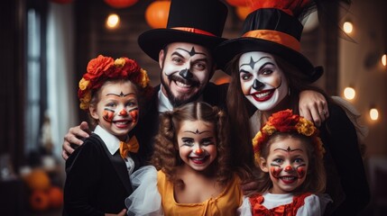 Family having fun at party. Happy family celebrating Halloween. People wearing carnival costumes and makeup.