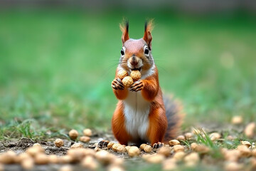 Squirrel with nut in its paws on a green grass background