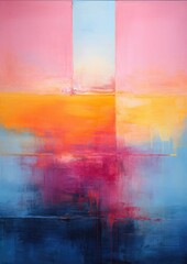 Acrylic interior abstract painting. The serene horizon with layers of vibrant colors blending into each other reflects the color field painting style, using large blocks of color.