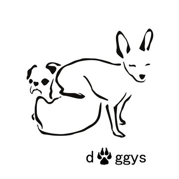 Stylization of two dogs. Chihuahua sits on a pug. Gestalt image of pets.