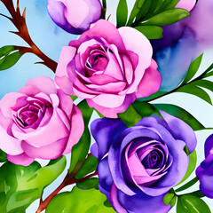 Watercolor pink and purple roses on a blue background 