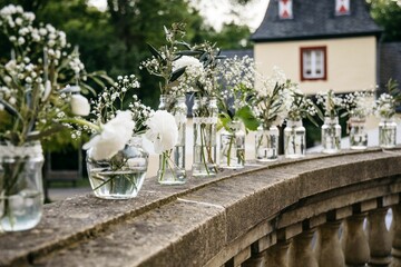 there are many vases with flowers on a bridge together