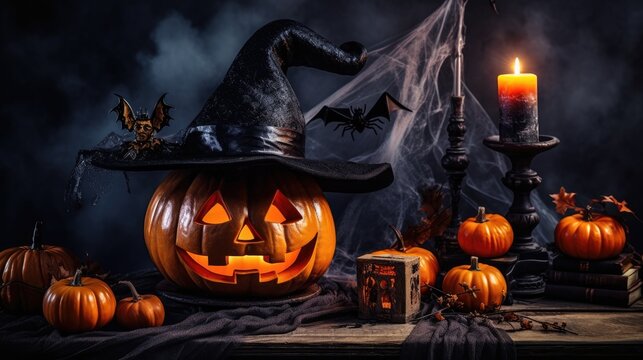Halloween Still: Scary Decorated Dark Room with Table Covered in Spider Webs, Burning Pumpkin, Candlestick, Witch's Hat.