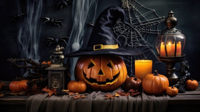 Halloween Still: Scary Decorated Dark Room with Table Covered in Spider Webs, Burning Pumpkin, Candlestick, Witch's Hat.