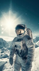 Fototapeta na wymiar An astronaut in a spacesuit standing close to the camera in the middle of snowy mountains.