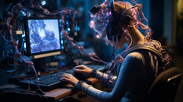 Brain-Computer Interfaces: A person using a brain-computer interface to control a robotic limb, symbolizing breakthroughs in neurotechnology 