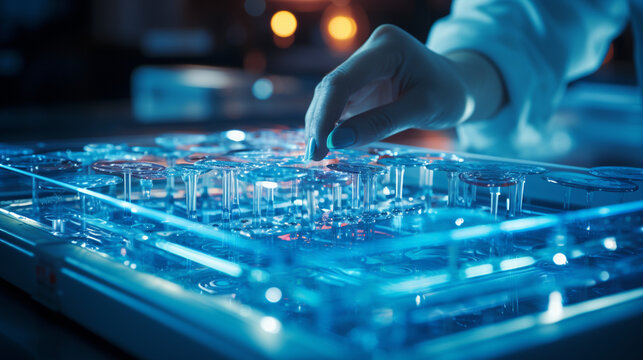 Microfluidics: A scientist working with microfluidic devices, representing the use of tiny channels for precise sample analysis and testing 