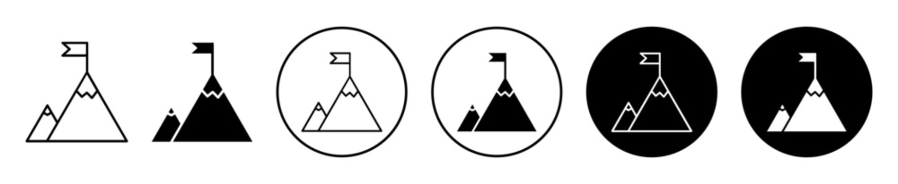Leadership icon set. mission mountain with flag vector symbol. business challenge or goal sign in black filled and outlined style.