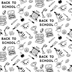 Back to school doodle elements seamless pattern. Minimalistic sketch pattern. Black isolated elements on white background. Ideal for decoration, textile, wrapping paper, background, greetings