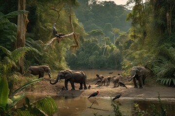 Wild diversity: elephants, monkeys, birds and caimans in the rainforest., generative IA