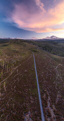 aerial drone panorama of mountain range at sunset