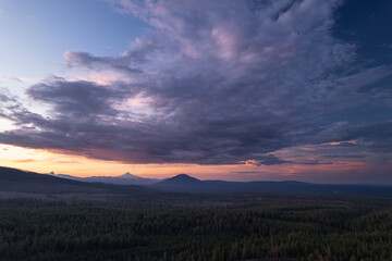 aerial drone panorama of mountain range at sunset
