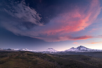aerial drone panorama of mountain range at sunset