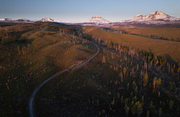 aerial drone panorama of mountain range at sunset