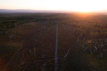 aerial drone panorama of mountain range at sunset