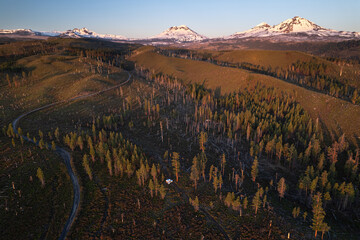 aerial drone panorama of mountain range at sunset