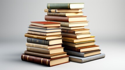 stack of assorted hardcover books in soft light
