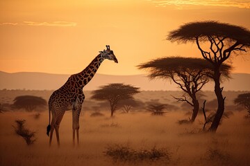 Haughty giraffe in the savannah, surrounded by acacia trees, in shades of gray., generative IA