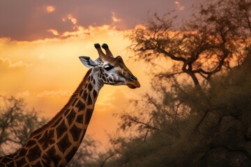 Majestic giraffe in African savannah, sunset in the background., generative IA