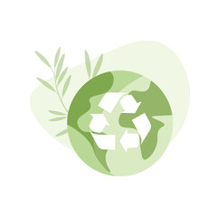 Environmental protection and ecology concept. Collecting plastic trash and recycling waste. Supporting Earth. Vector illustration sticker.