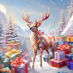 Deurstickers A beautiful deer in the snowy forest. Around him are gifts of colorful pastel colors © Jelena
