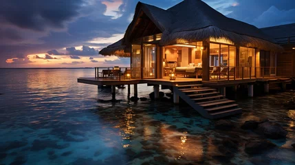 Stoff pro Meter Bora Bora, Französisch-Polynesien  a house that is sitting on a dock in the water.  generative ai