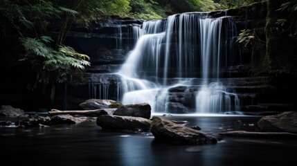 Obraz premium An elegant image of a serene waterfall against a deep black background.