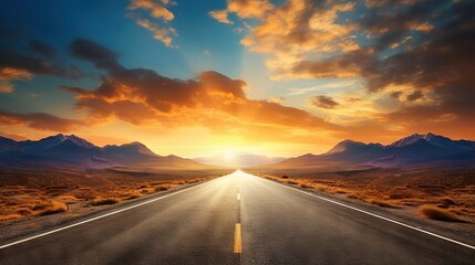  a long empty road with the sun setting in the background.  generative ai