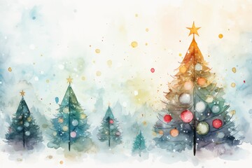 Obraz premium watercolor Christmas Tree With Baubles And Blurred Shiny Lights banner with text space 