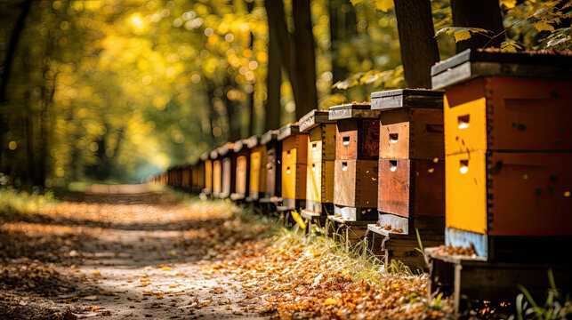 Colorful Bee hives that are arranged in a line on the farm