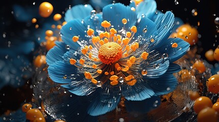 Fototapeta na wymiar a blue flower with orange centers surrounded by water droplets and orange balls. generative ai