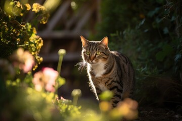 Naklejka na ściany i meble Curious striped cat explores sunny garden surrounded by flowers., generative IA
