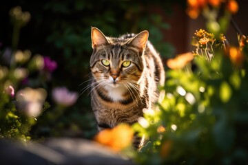 Obraz premium Curious striped cat explores sunny garden surrounded by flowers., generative IA