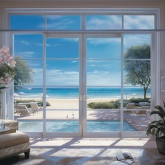  a painting of a living room with a view of the beach.  generative ai