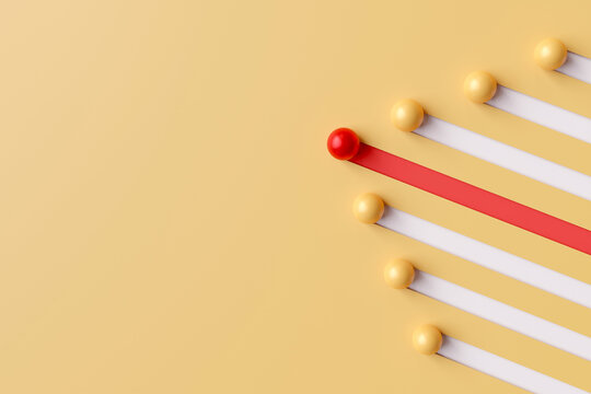 concept of leadership and differentiation, steps to excellence, and teamwork. red ball front yellow ball one way on the background. with copy space and business design. 3D rendering illustration