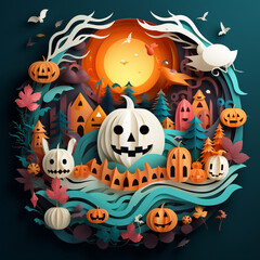 Brightly colored Halloween themed composition in Paper cut style - detailed illustration with pumpkins and a large moon. Mystical scary atmosphere - bright idea for holiday decoration. Papercut art