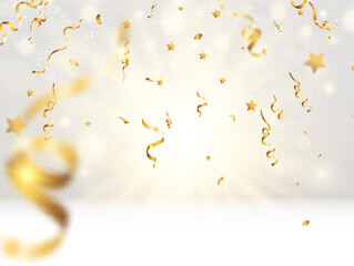 Golden confetti falls on a beautiful background. Falling streamers on stage.
