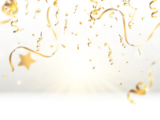 Golden confetti falls on a beautiful background. Falling streamers on stage.

