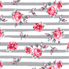 Roses pattern on grunge horizontal lines