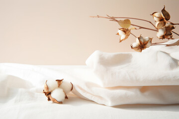 White cotton towel with dried flowers on beige background. Hygge concept.