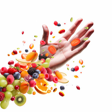 Human hand with lots of fruits isolated