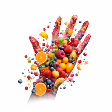 Human hand with lots of fruits isolated