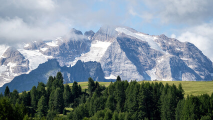 Amazing landscape to the Dolomiti and its glaciers during summer time. Melting of glaciers due to global warming. Global climate change. Italian alps