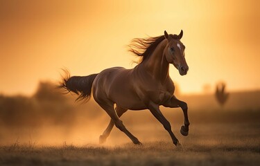 Thoroughbred horse galloping on the plain at sunset., generative IA