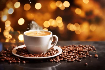 Fotobehang Coffee cup latte, espresso, milk foam decorated with autumn winter festive bokeh lightbulb christmas background, coffee beans roasted on a table copy space banner. © Alina Nikitaeva