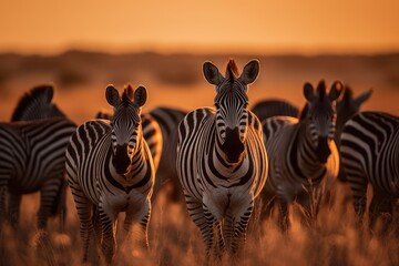 Fototapeta premium Herd of zebras crossing the savannah at sunset., generative IA