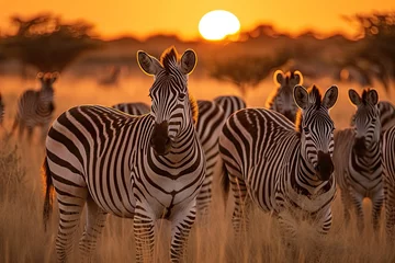 Tuinposter Herd of zebras crossing the savannah at sunset., generative IA © JONATAS